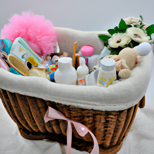 תמונה של סלסילה מעוצבת מסודרת להפליא מלאה בחפצי תינוק ופריטי יוקרה.