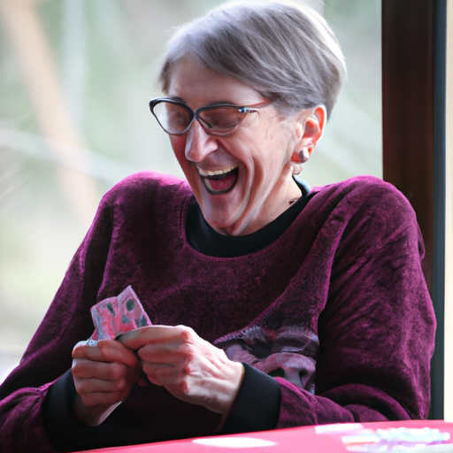1. אישה מבוגרת צוחקת מכל הלב תוך כדי משחק קלפים עם חברים, ממחישה את השמחה שבאינטראקציות חברתיות.