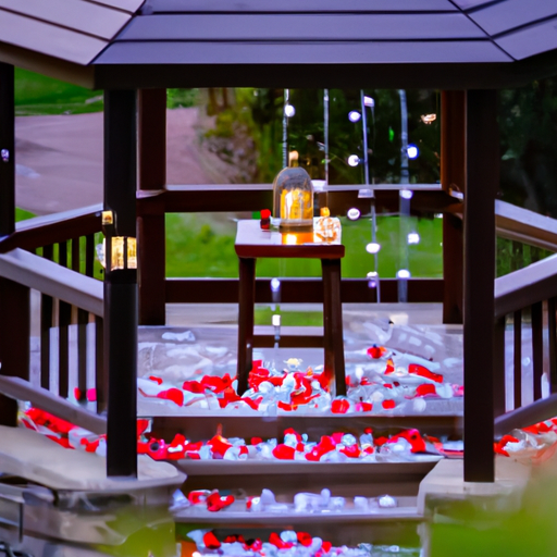 3. תמונה המציגה סצנת הצעה חיצונית יפהפייה עם אורות פיות, ורדים ושביל המוביל לביתן